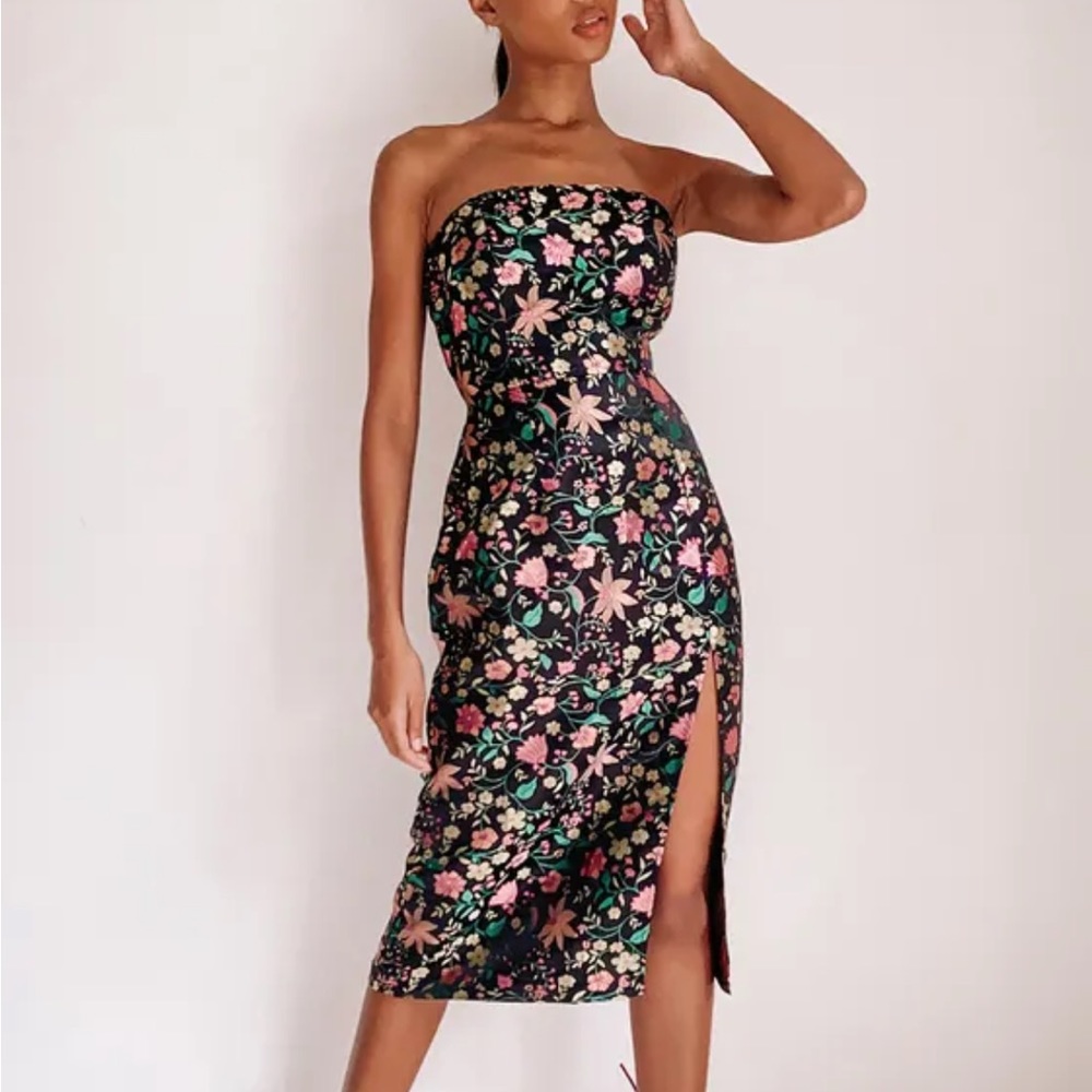 Make a Move Black Satin Floral Jacquard Strapless Midi Dress